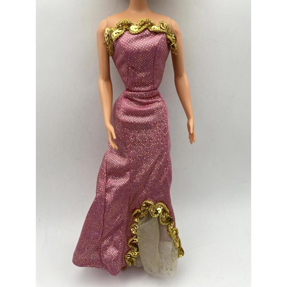 Vintage Barbie Prom Dress~ Pink Shimmer Gold Appliqué